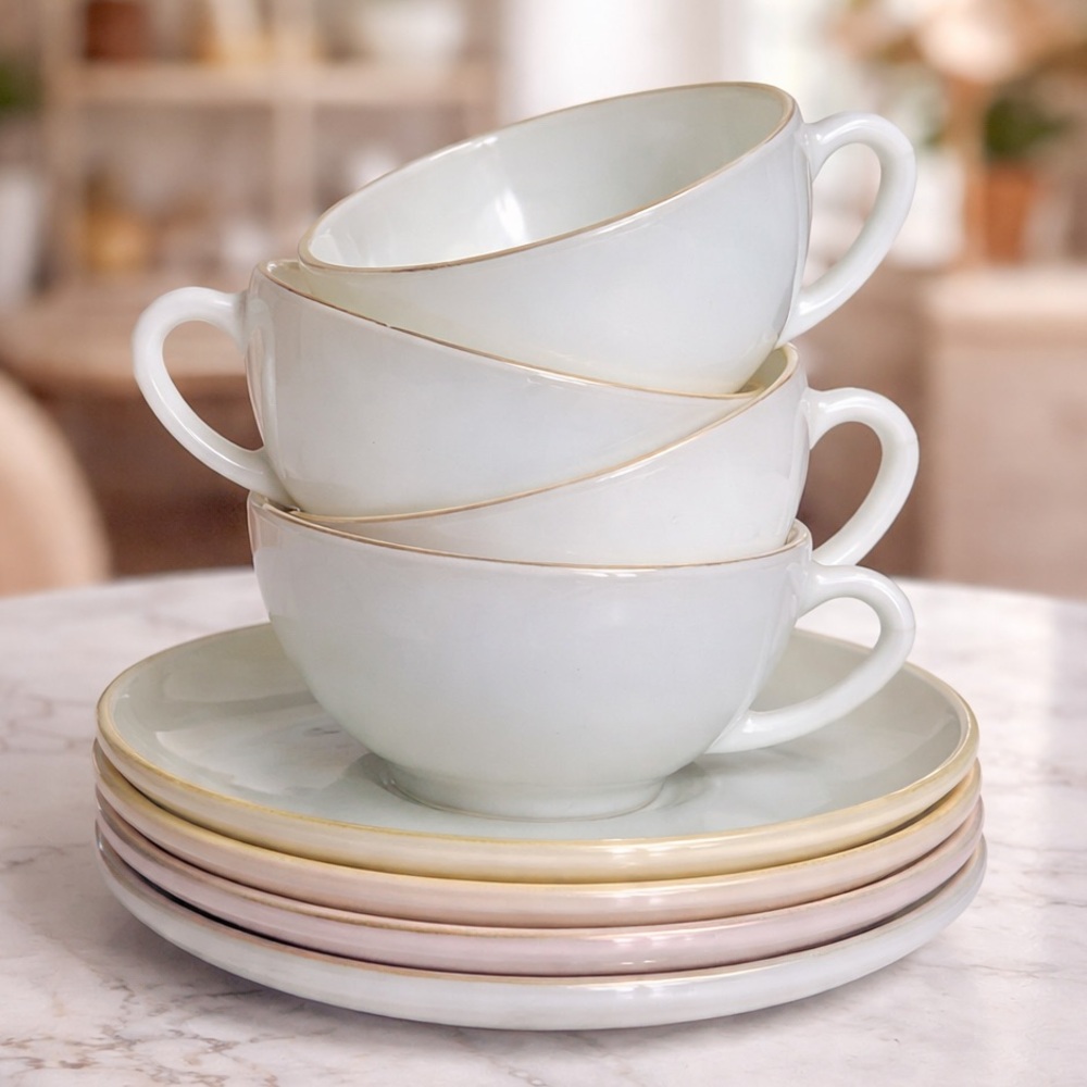 Vintage Arcopal France Milk Glass Tea Set Pastel Cups Saucers 8pc